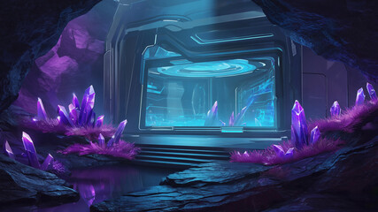 Mystical cavern futuristic portal illuminated by glowing crystals concept