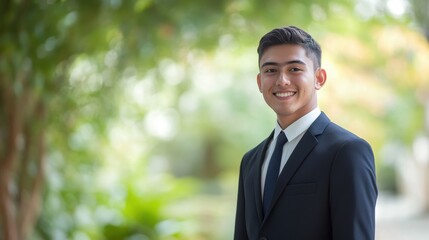 Young Professional Portrait: A smiling young professional, impeccably dressed in a suit, stands confidently amidst a blurred, green backdrop of nature.