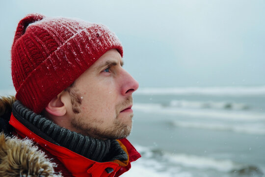 People Freezing at the Seaside During Cold Winter Vacation with Snow on Beard and Face Generative AI