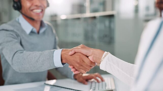 Shaking hands, negotiation and business people in office for deal, team or welcome. Call center, greeting and consultant with client for handshake with customer experience for finance contract.