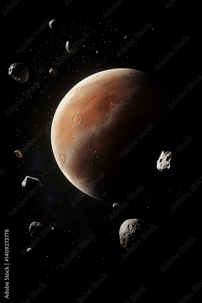 Wall mural dramatic depiction of mars with asteroids in deep space showcasing planetary science and exploration