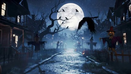 Spooky Halloween Night Scene Dark Street, Full Moon, and Creepy Decorations