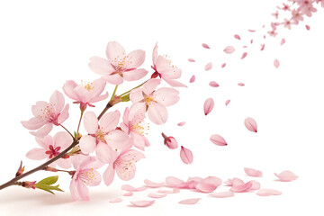 Fototapeta premium Minimalist Cherry Blossom Petal Cascade on White Background with Soft Spring Aesthetic