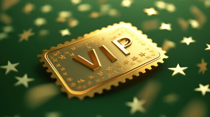 Golden VIP Pass: A close-up shot of a luxurious golden VIP pass against a backdrop of shimmering green stars. Evoking exclusivity, access, and a premium experience.