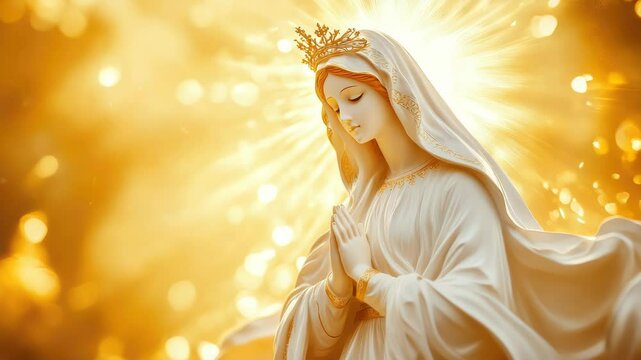 White statue of the Blessed Virgin Mary illuminated by golden divine light, symbolizing the Assumption into heaven, holiness, purity, and spiritual grace, with space for religious or sacred text