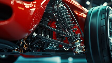 Close-up view of a red sports car's suspension system showcasing its engineering details and performance features