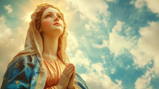 Portrait of the Assumption of the Virgin Mary into Heaven, depicted with serene expression, surrounded by soft clouds and divine light, symbolizing purity and grace, 