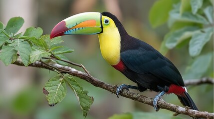 Naklejka premium vibrant toucan in rainforest habitat: close-up view of a colorful toucan perched on a branch with detailed feather textures against a lush green foliage backdrop, showcasing natural sunlight