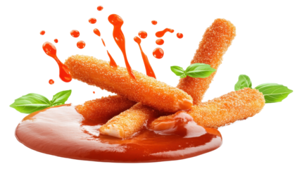 Crispy Fried Snack Sticks Served with Tangy Ketchup and Fresh Basil Garnish on Transparent Background