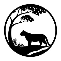Majestic Panther Silhouette in Circular Nature Scene with Tree and Lush Foliage