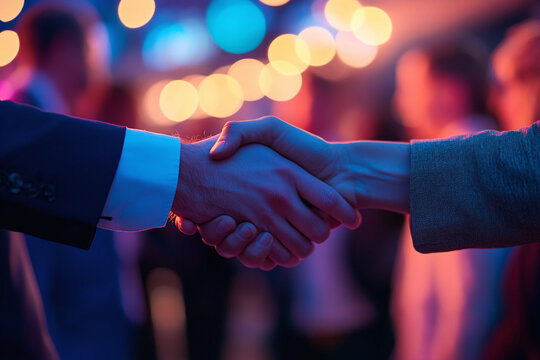 Attendees shaking hands at event, focus on greeting gesture and name tags in soft lighting