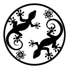 Circular Design Featuring Two Symmetrical Geckos and Floral Elements