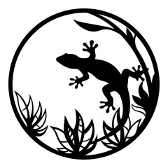 Circular Gecko Silhouette with Tropical Foliage Artistic Design