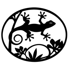 Silhouette of a Gecko in Tropical Foliage Artistic Oval Design