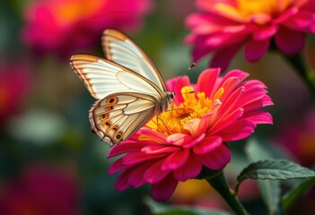 Delicate butterfly with spread wings gently landing on vibrant flower, floral, petal