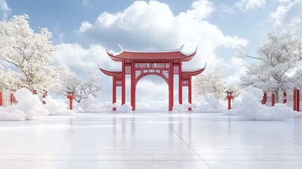 Red Pagoda Gateway in Winter: A majestic red pagoda gateway stands prominently amidst a serene winter landscape, a symbol of peace and tranquility under a cloudy sky.