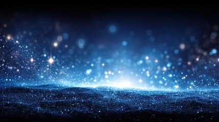 Ethereal Blue Glitter Landscape with Sparkling Particles and Bokeh Lights for Festive Celebrations and Magical Backgrounds