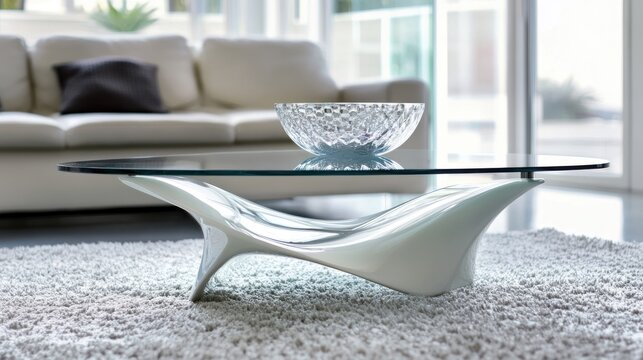 Ultra-modern glass coffee table with metal legs, futuristic design --ar 16:9 --v 6.1 Job ID: 4e31204a-be4a-4d3a-a48a-14b918879953 - Powered by Adobe