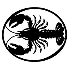 Black and white illustration of a lobster inside an oval shape