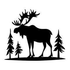 Majestic Moose Silhouette in a Winter Forest Scene A Striking Black and White Illustration of a Large Male Moose with Antlers Standing in a Snowy Pine Forest