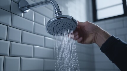 Plumber replacing a showerhead in a bathroom. Featuring skill and efficiency
