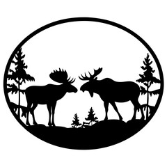 Oval Silhouette of Two Moose Facing Each Other in a Forest Setting