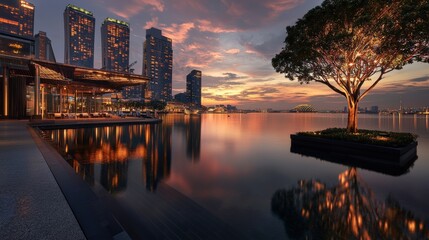 Fototapeta premium Sunset reflection over modern skyscrapers waterfront landscape photography urban environment serene viewpoint