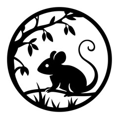 Silhouette of a Mouse in a Circular Frame with Tree Branches and Grass