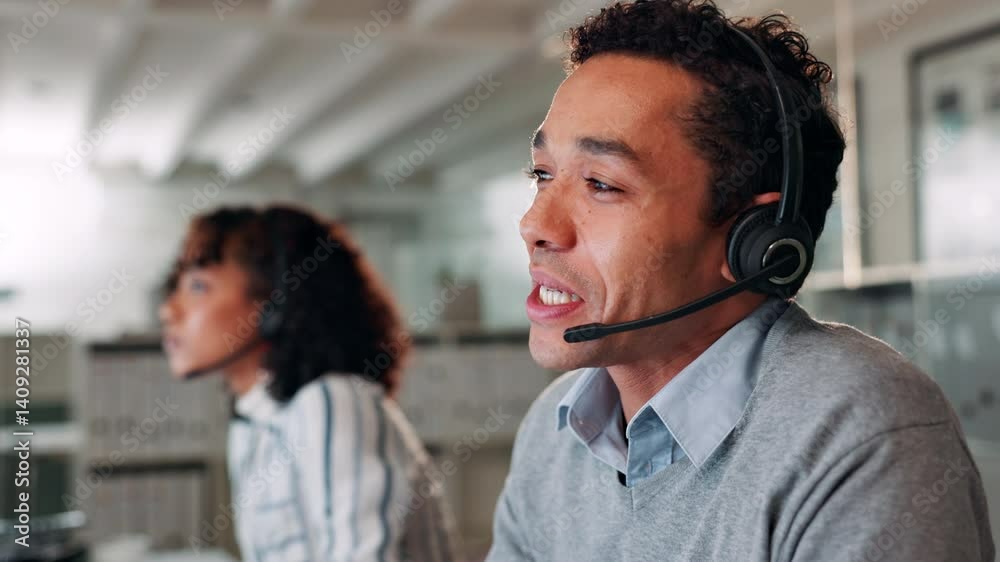 Poster communication, conversation and headset with man in call center for help or online assistance. compu