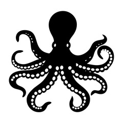 Fototapeta premium A striking black silhouette of an octopus with eight tentacles displaying detailed suckers along each arm against a white background, a captivating image of marine life