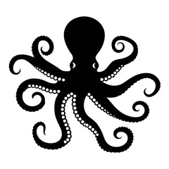 A Stunning Black Silhouette of an Octopus with Eight Tentacles Curled in Elegant Swirls Against a White Background