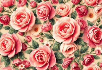 Elegant vintage floral wallpaper featuring a seamless pattern of blooming roses and peonies, bloom, flowers