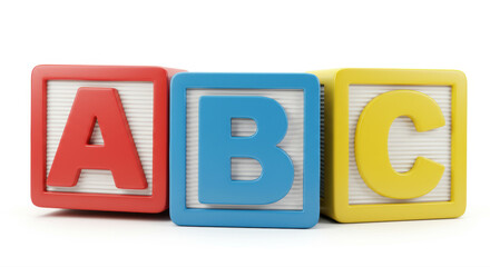 Three vibrant alphabet blocks forming 'abc' are isolated against a clean white backdrop.
