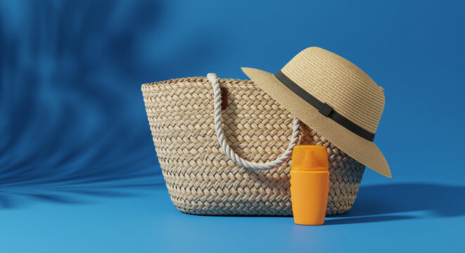 Summer beach essentials: straw bag, hat, and sunscreen on blue backdrop   - Powered by Adobe
