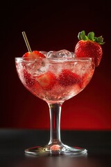 Refreshing strawberry cocktail in elegant glass with ice cubes and metal straw on dark red background studio shot