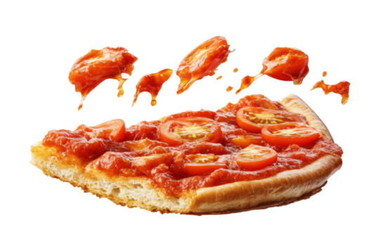 Slice of Tomato Topped Pizza with Sauce and Fresh Ingredients on a Transparent Background