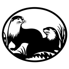 Two Otters in a Circular Frame Nature Wildlife Design Black and White Graphic Illustration