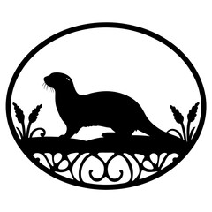 Elegant Silhouette of an Otter in a Circular Frame with Ornate Design and Wheat