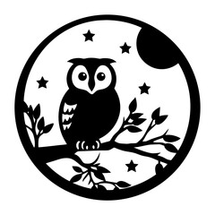 Night Owl in a Moonlit Scene Artistic Black and White Illustration
