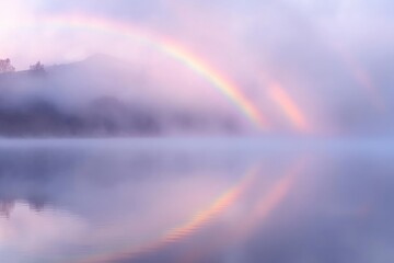 Enchanting Rainbow Reflection: A breathtaking vista unveils a vibrant rainbow arching gracefully over a misty lake. The ethereal scene captures the captivating beauty of nature's artistry.