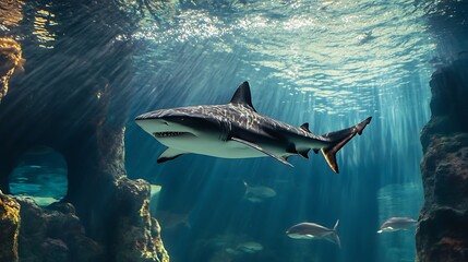 Fototapeta premium Pixelated Shark Swimming Underwater with Light Rays and Corals in Ocean Habitat
