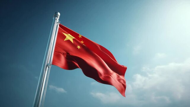 Waving China flag on flag pole with sky on background 4K