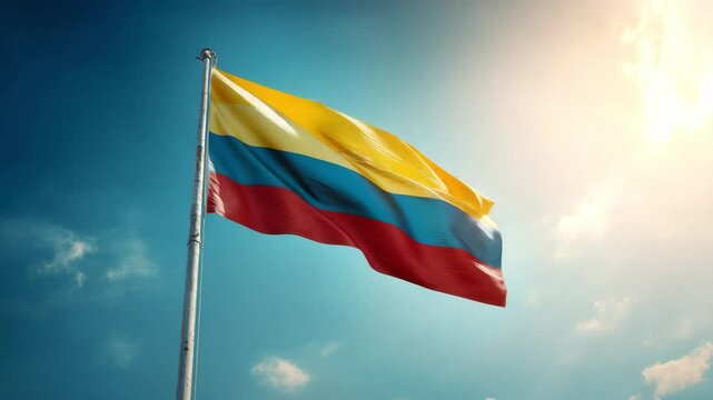 Waving Colombia flag on flag pole with sky on background 4K