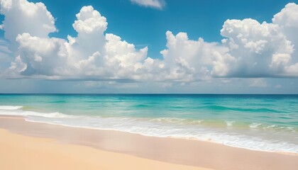 Fototapeta premium Fluffy white clouds drift over a pristine, golden sand beach, light, scenic