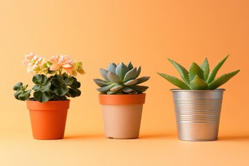 Obraz premium Three potted succulents and flowers in terracotta and metal pots.