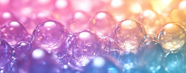Close-up of colorful soap bubbles, showcasing vibrant hues reflected in the translucent surfaces.