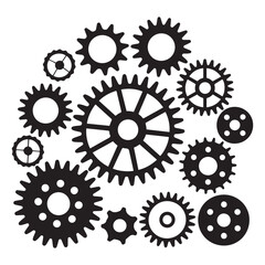 Mechanical sprocket gears sets, small, medium and large, types, Vector Black silhouettes. Isolated illustration. with white background