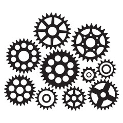 Mechanical sprocket gears sets, small, medium and large, types, Vector Black silhouettes. Isolated illustration. with white background