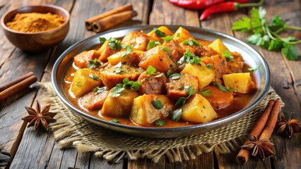 Fototapeta premium Aromatic spices dance on a plate of spicy potato curry, with cumin adding depth and warmth