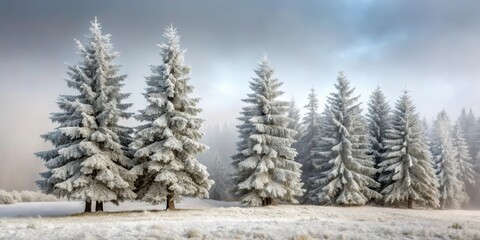 Fototapeta premium Snow-covered pine trees stand tall against a grey sky with dense fog rolling in, their branches etched in frosty relief